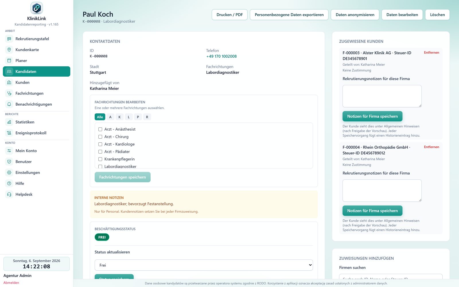 Kandidatenkarte in KlinikLink