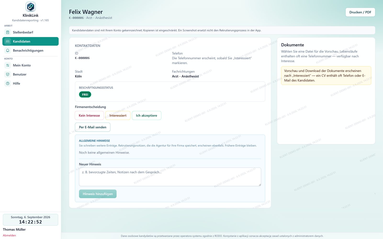 Kundenportal — Kandidatenkarte mit Firmenentscheidung
