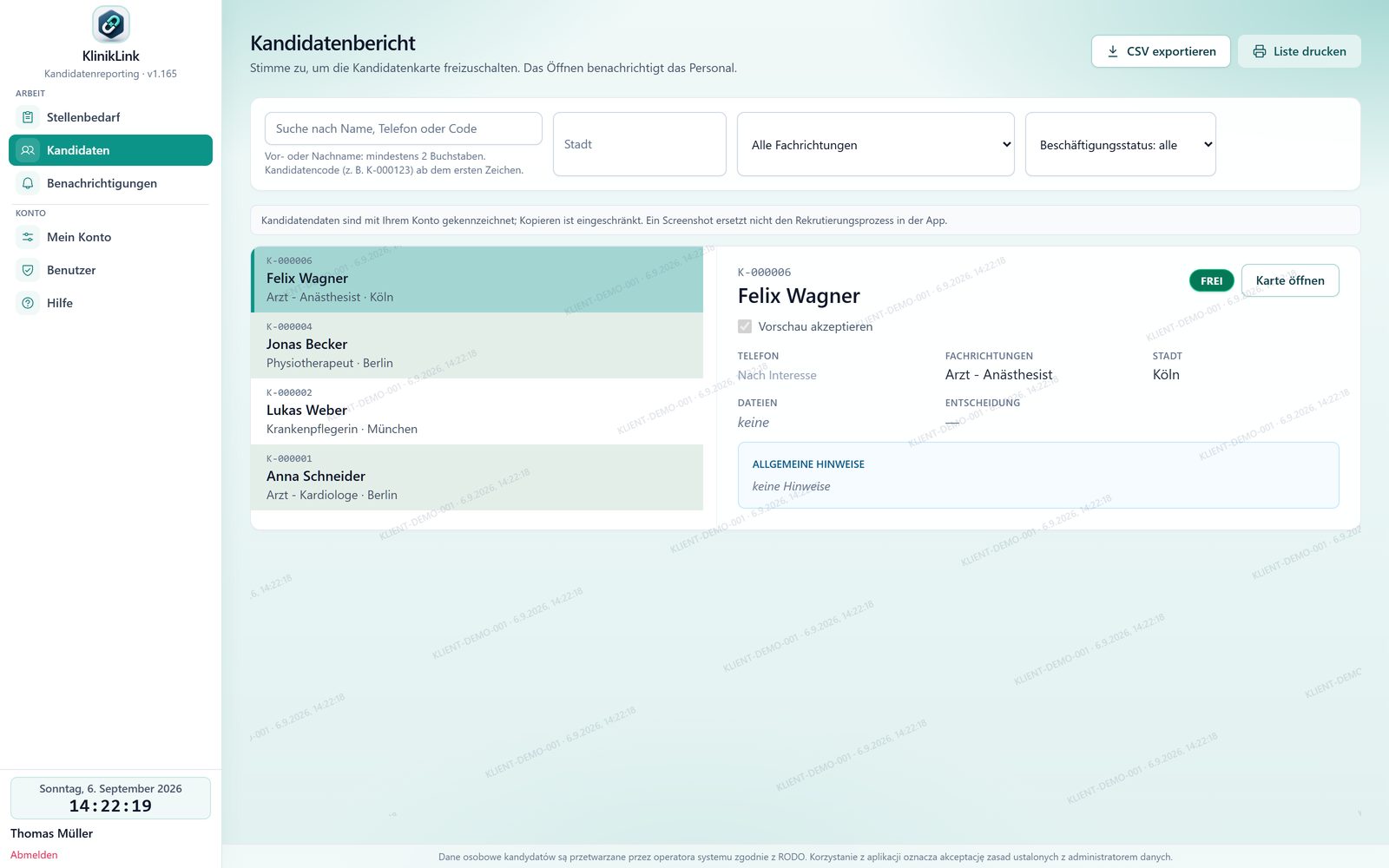 Kundenportal — Liste freigegebener Kandidaten