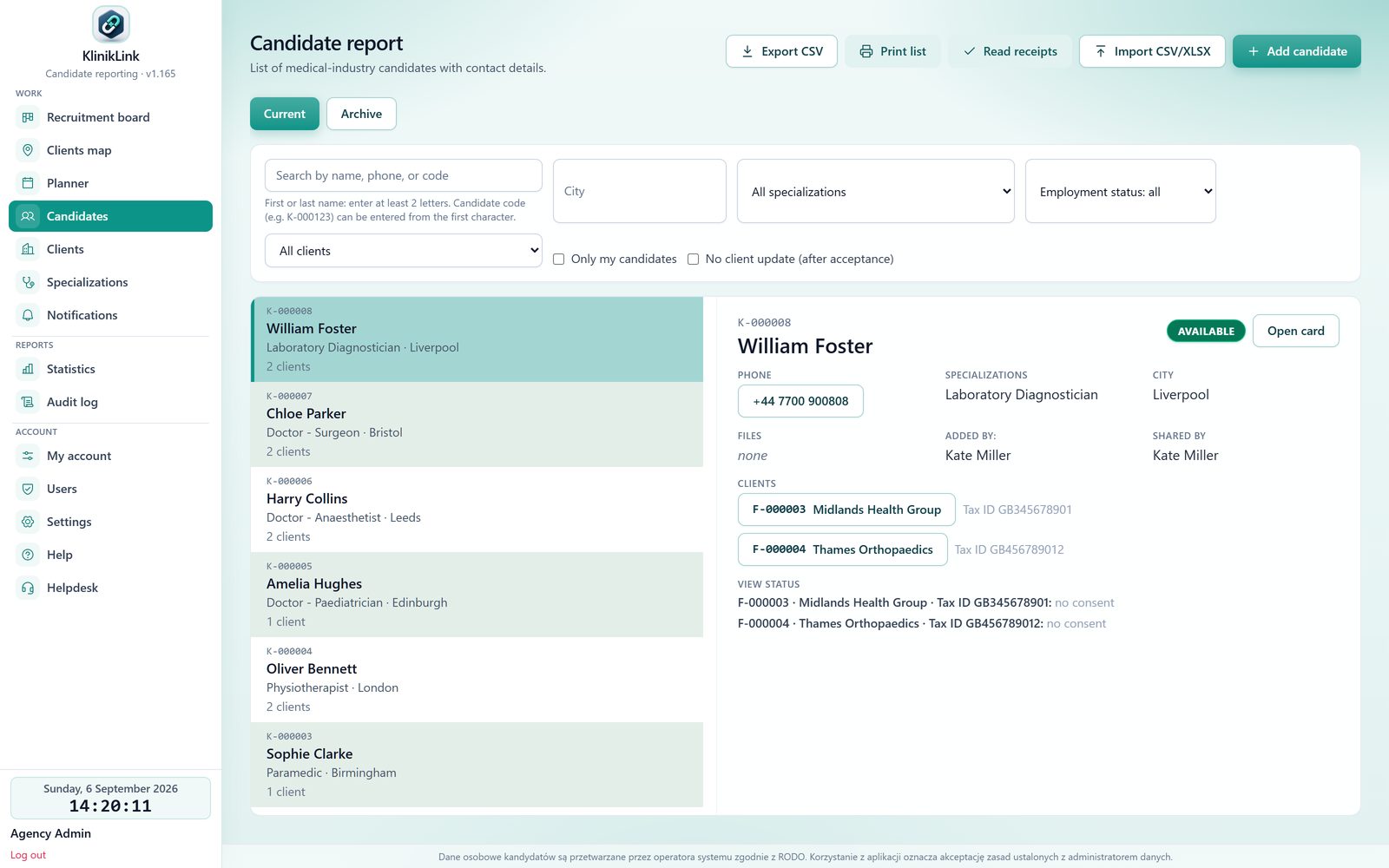 Candidate list in KlinikLink