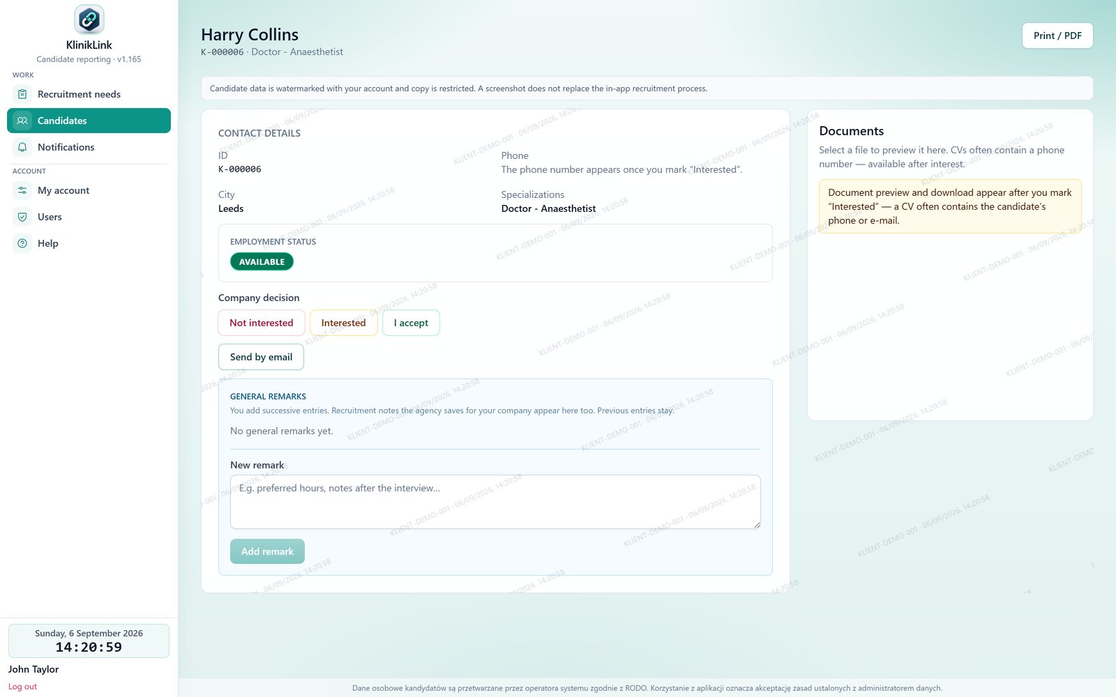 Client portal — candidate card with company decision