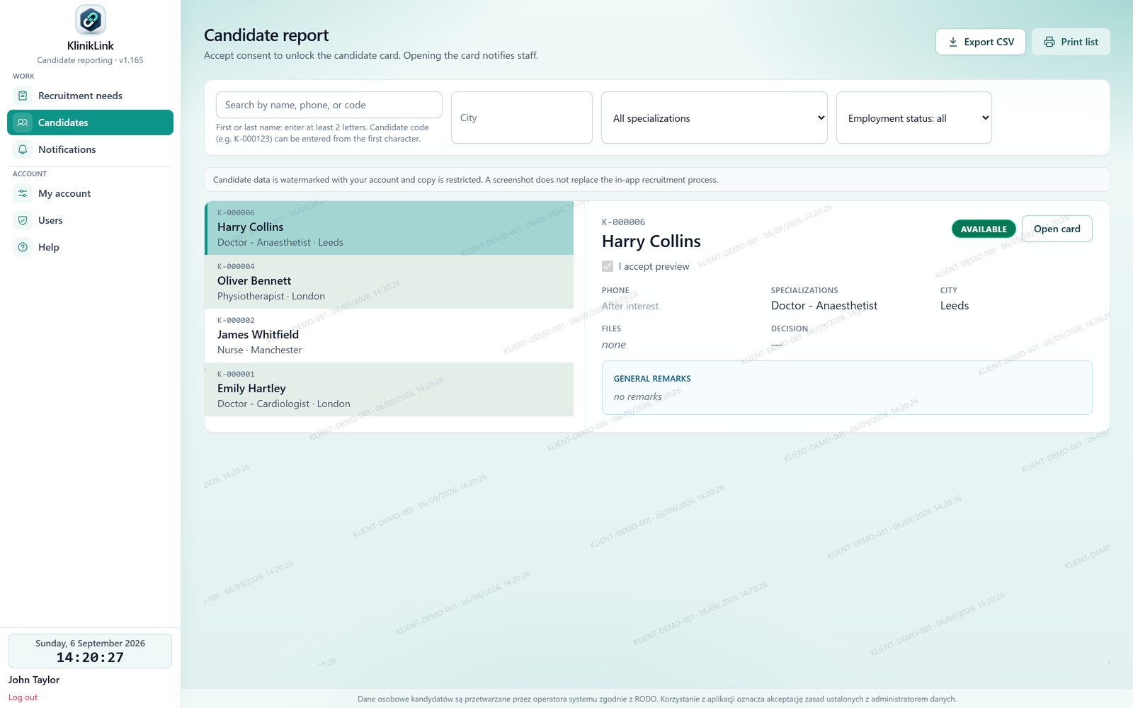 Client portal — shared candidate list