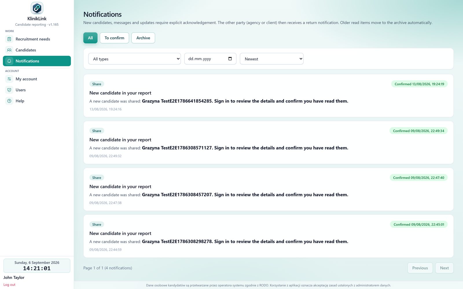 Client portal — notifications