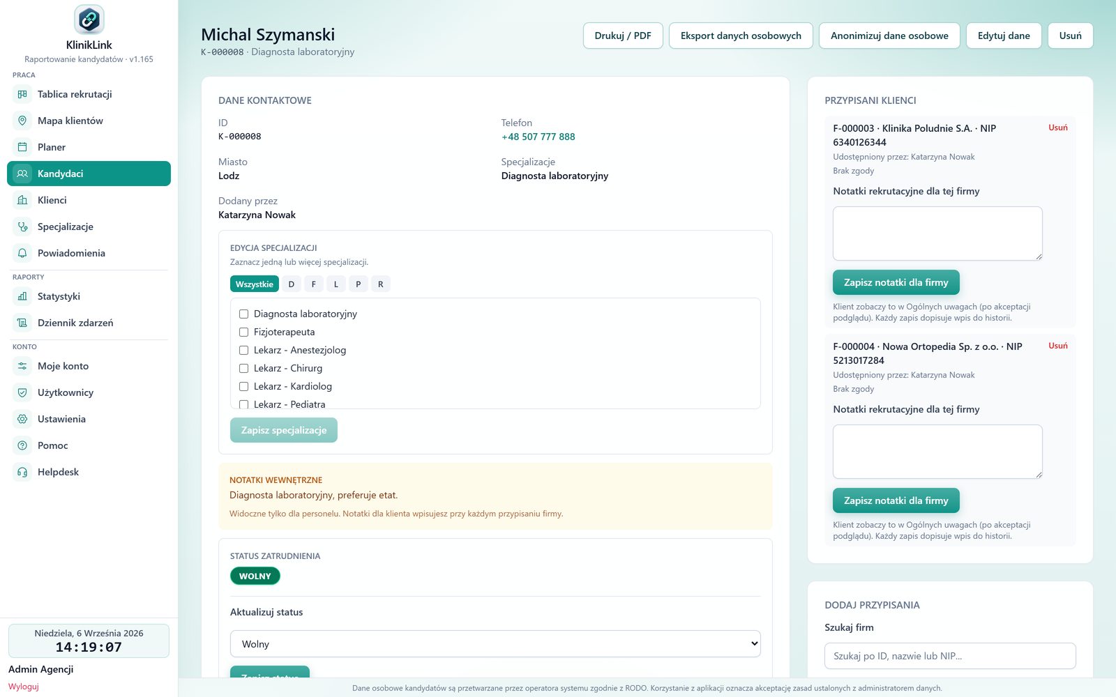 Karta kandydata w KlinikLink