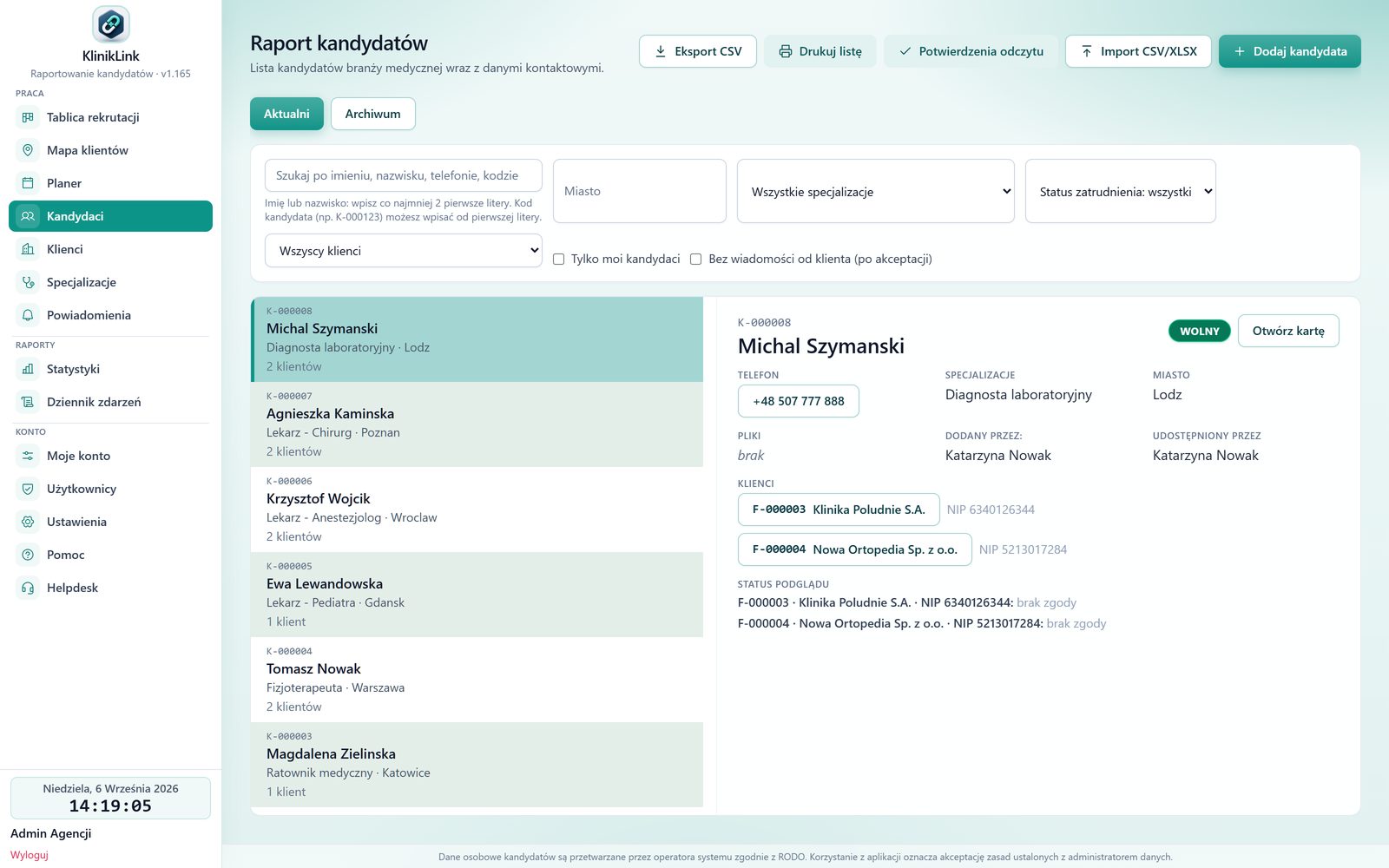 Lista kandydatów w aplikacji KlinikLink
